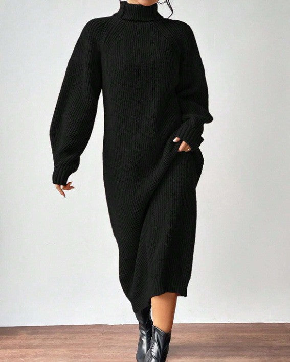 Ribbed Turtleneck Maxi Sweater Dress - Black