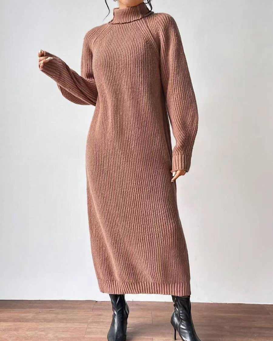 Ribbed Turtleneck Maxi Sweater Dress - Camel