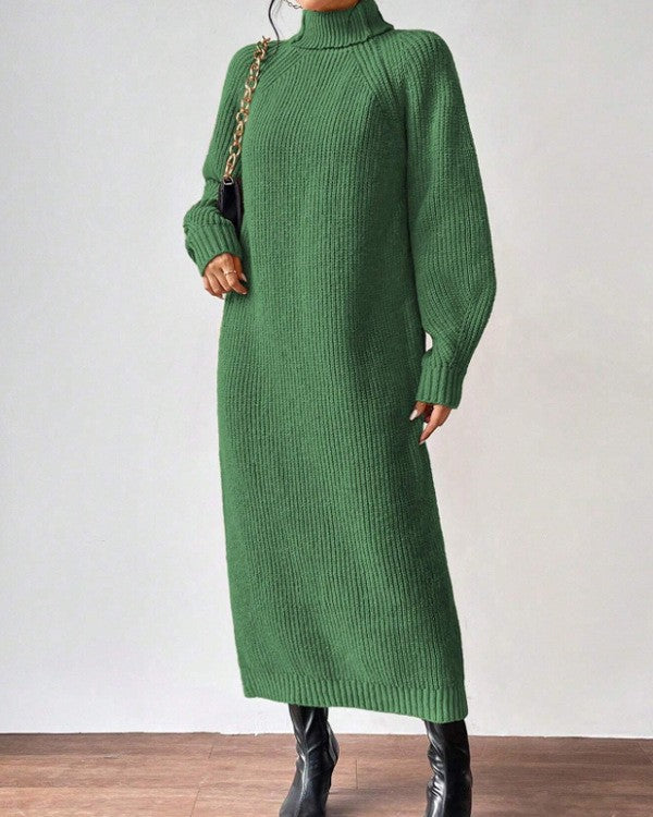 Ribbed Turtleneck Maxi Sweater Dress - Green
