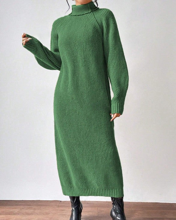 Ribbed Turtleneck Maxi Sweater Dress - Green - 1