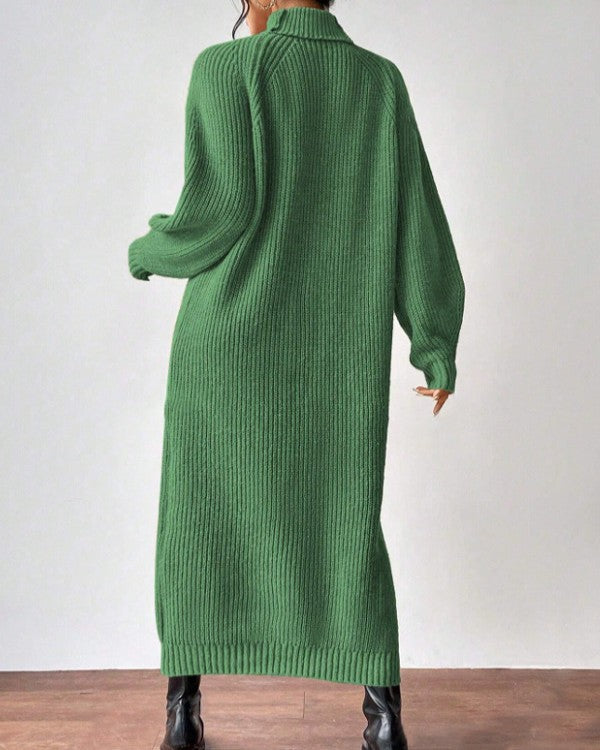 Ribbed Turtleneck Maxi Sweater Dress - Green - 2