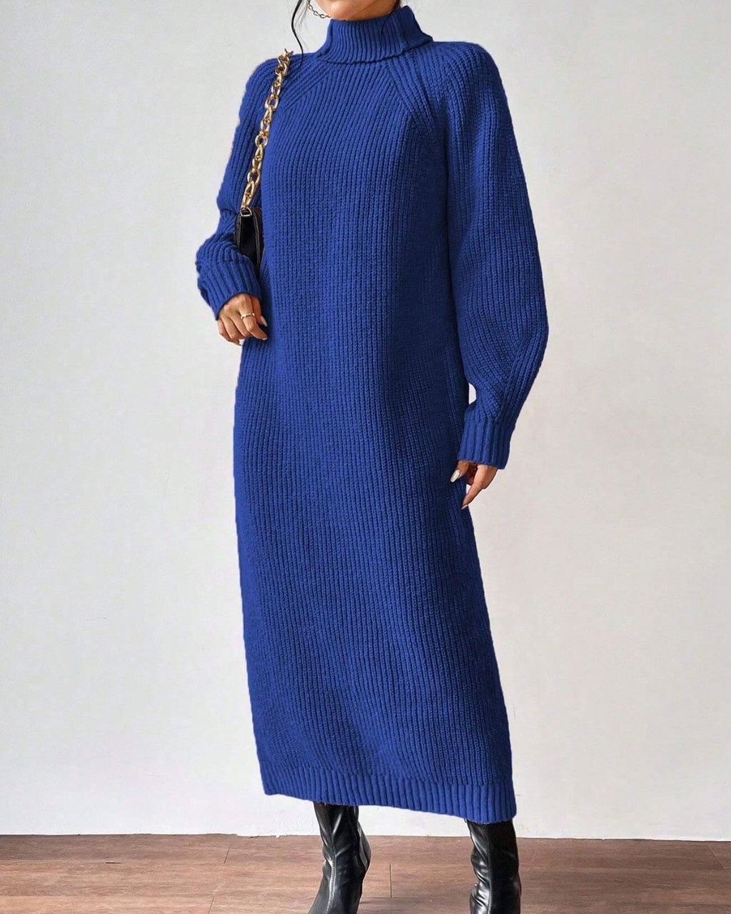 Ribbed Turtleneck Maxi Sweater Dress - TBlue