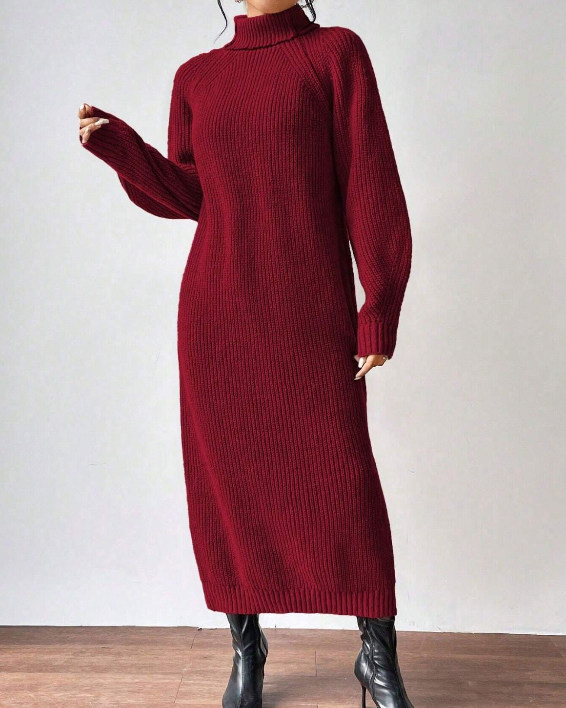 Ribbed Turtleneck Maxi Sweater Dress - Wine-Red