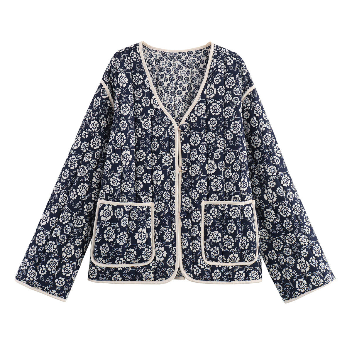 Floral Quilted Collarless Button Jacket - Navyblue