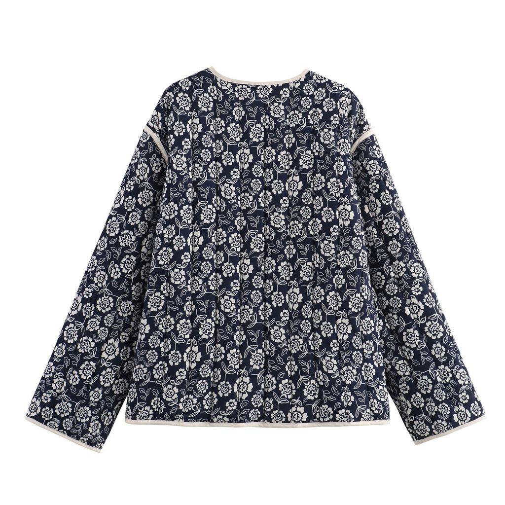 Floral Quilted Collarless Button Jacket - Navyblue - 1