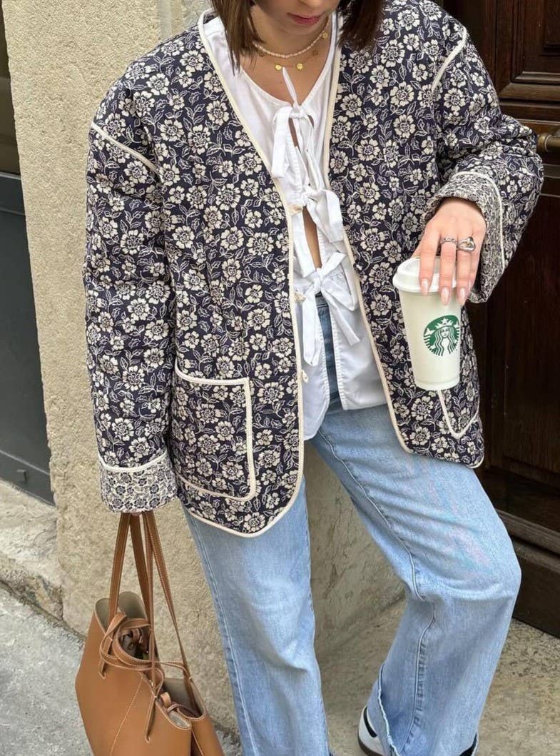 Floral Quilted Collarless Button Jacket