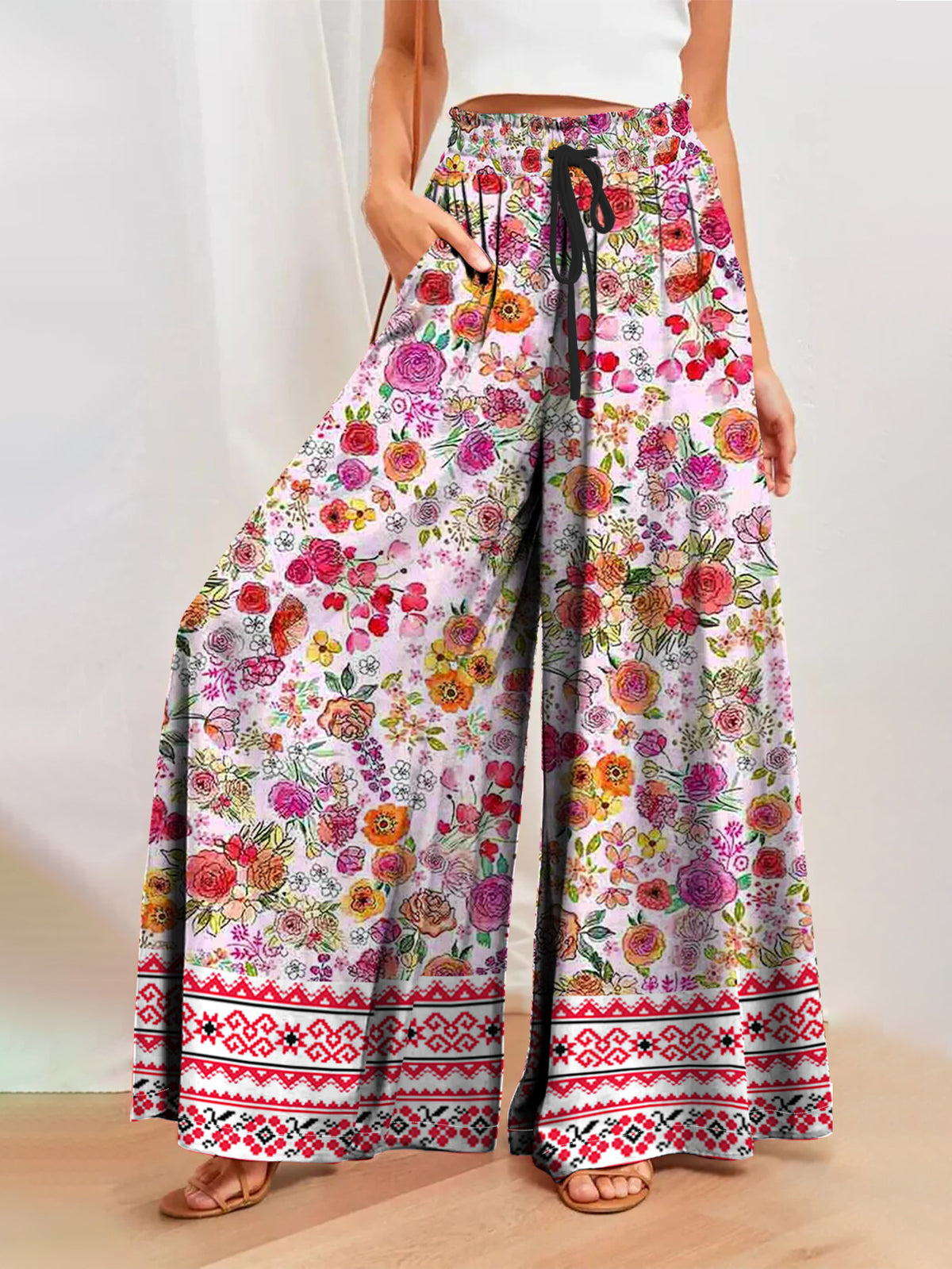 Floral Border Print Palazzo Pants - Floral