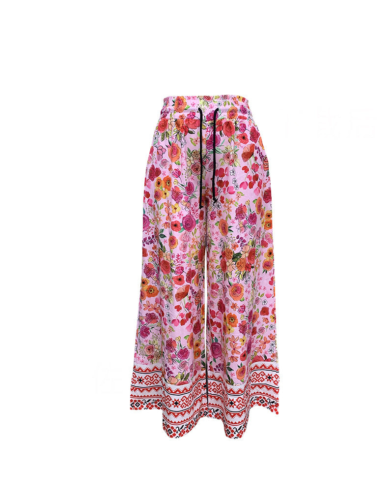 Floral Border Print Palazzo Pants - Floral - 1
