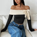 Off Shoulder Contrast Bow Fitted Blouse - Black