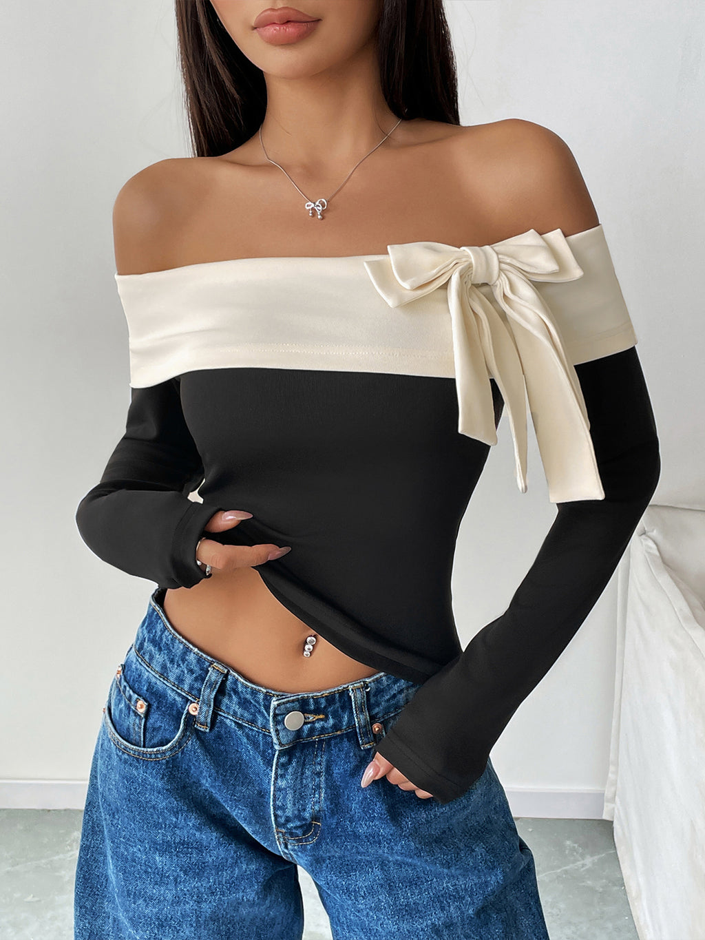 Off Shoulder Contrast Bow Fitted Blouse - Black - 1