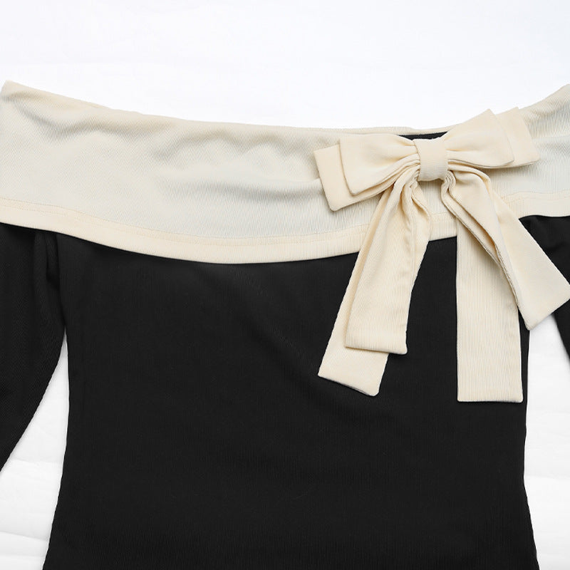 Off Shoulder Contrast Bow Fitted Blouse - Black - 7