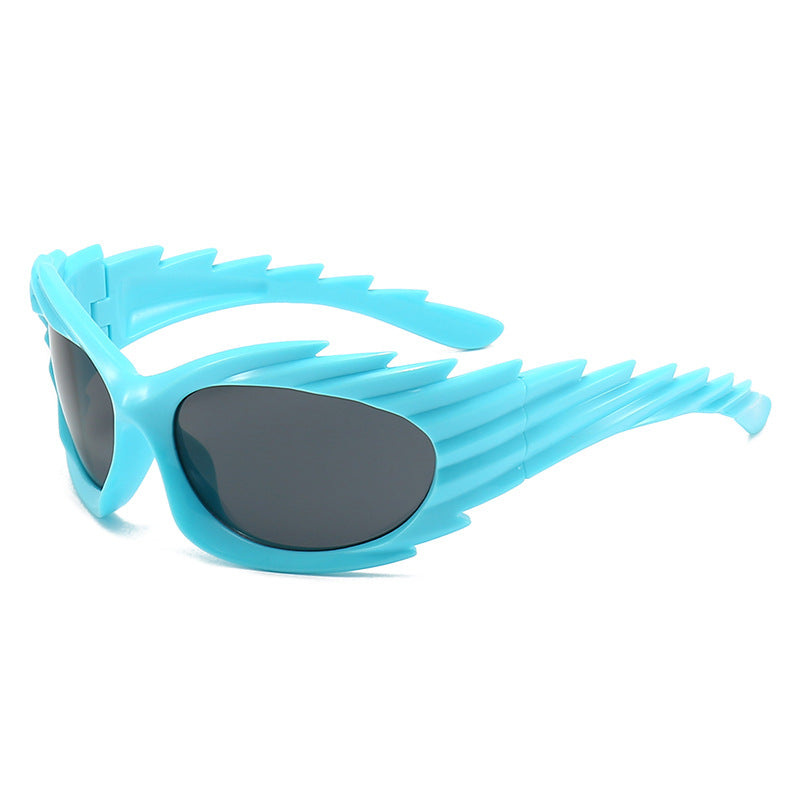 Spiked Wraparound Futuristic Sport Sunglasses - Blue