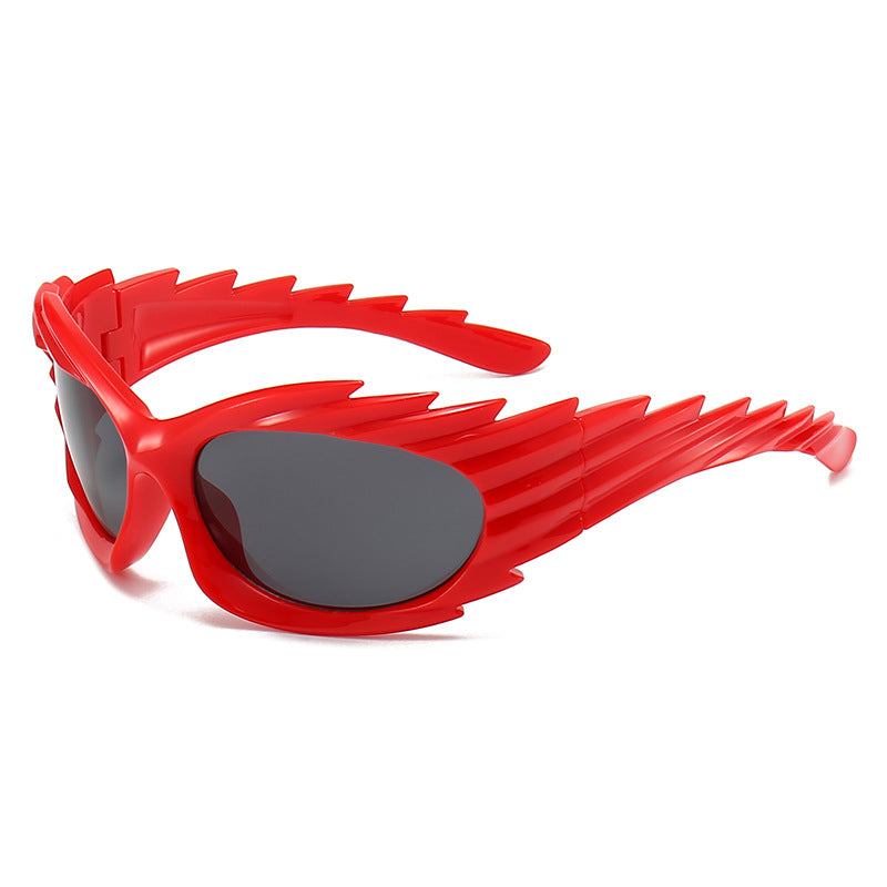 Spiked Wraparound Futuristic Sport Sunglasses - Red