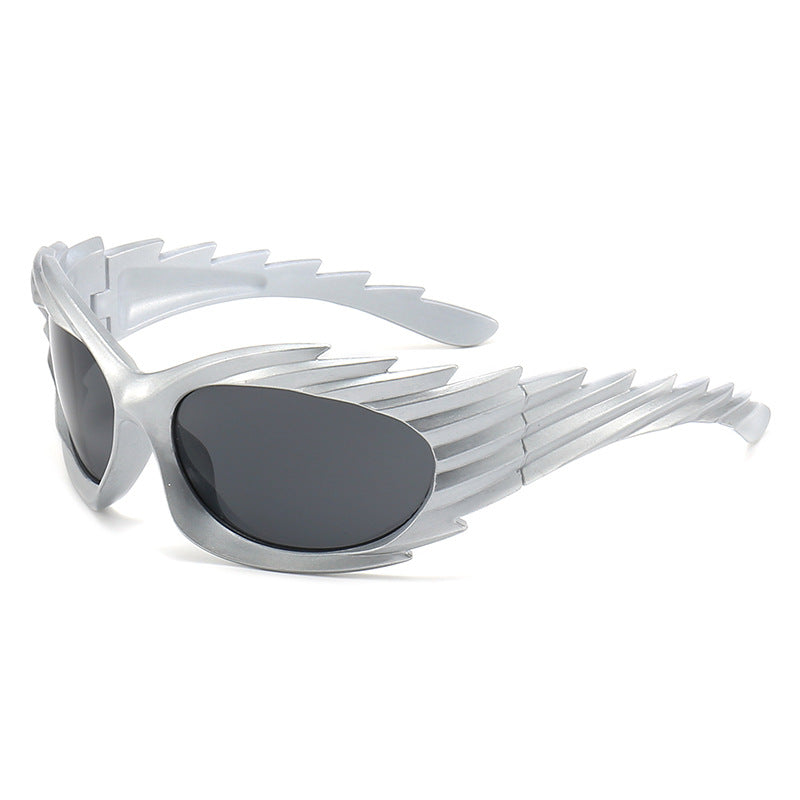 Spiked Wraparound Futuristic Sport Sunglasses - Silver_1