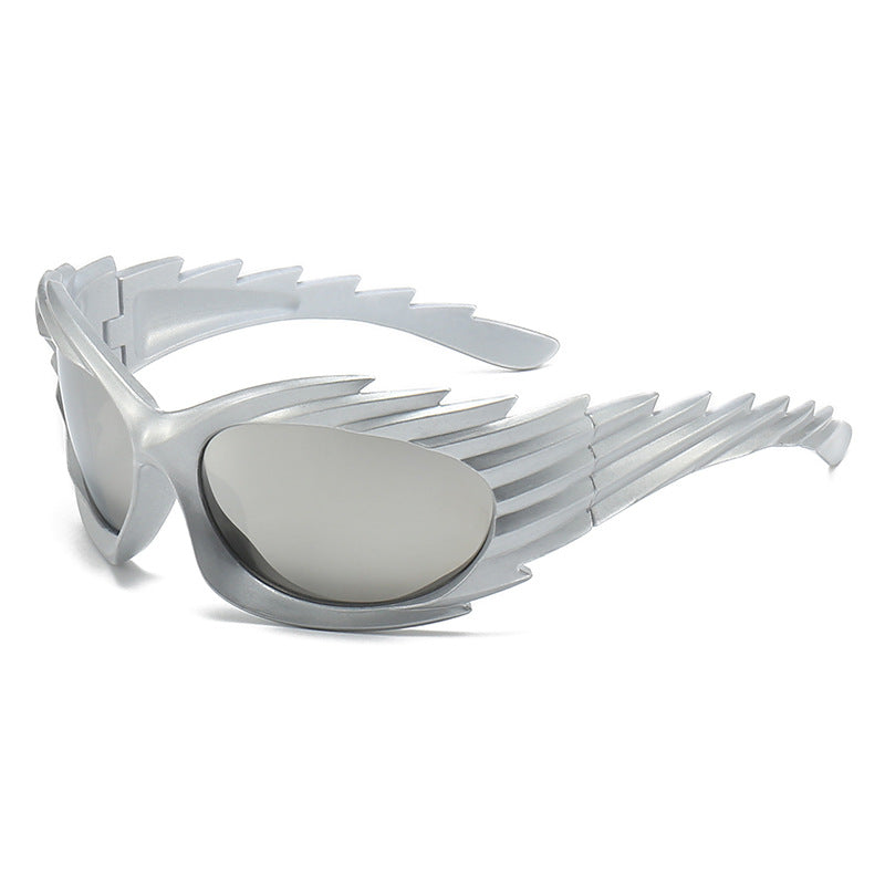 Spiked Wraparound Futuristic Sport Sunglasses - Silver_2