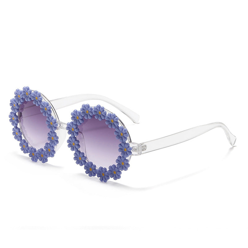 Daisy Flower Round Frame Sunglasses - Blue_Adult