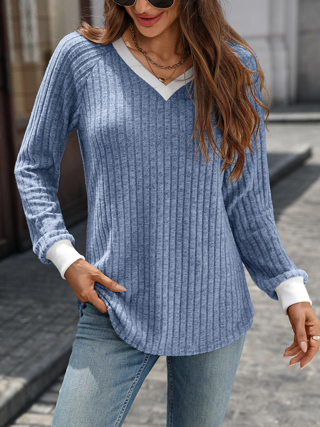 Ribbed Contrast V Neck Long Sleeve Top - Blue