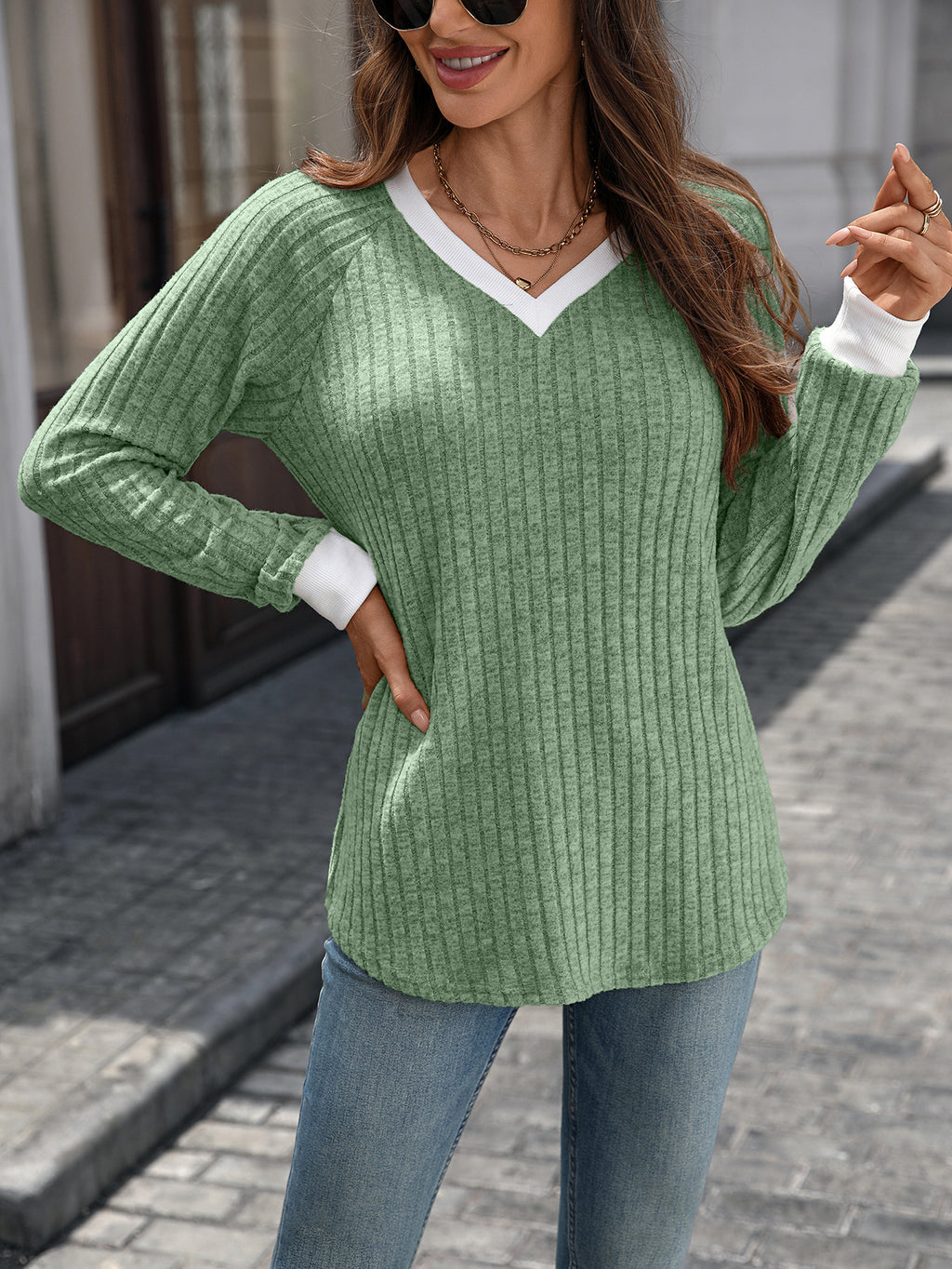 Ribbed Contrast V Neck Long Sleeve Top - Green