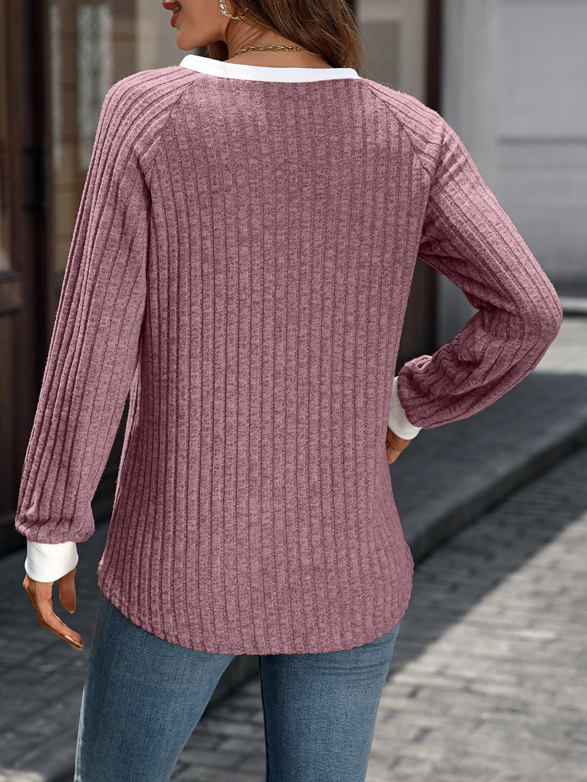 Ribbed Contrast V Neck Long Sleeve Top - Purple - 1