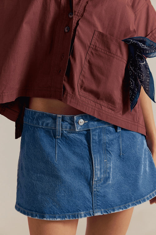 A Line Denim Mini Skirt With Built In Shorts - DarkBlue