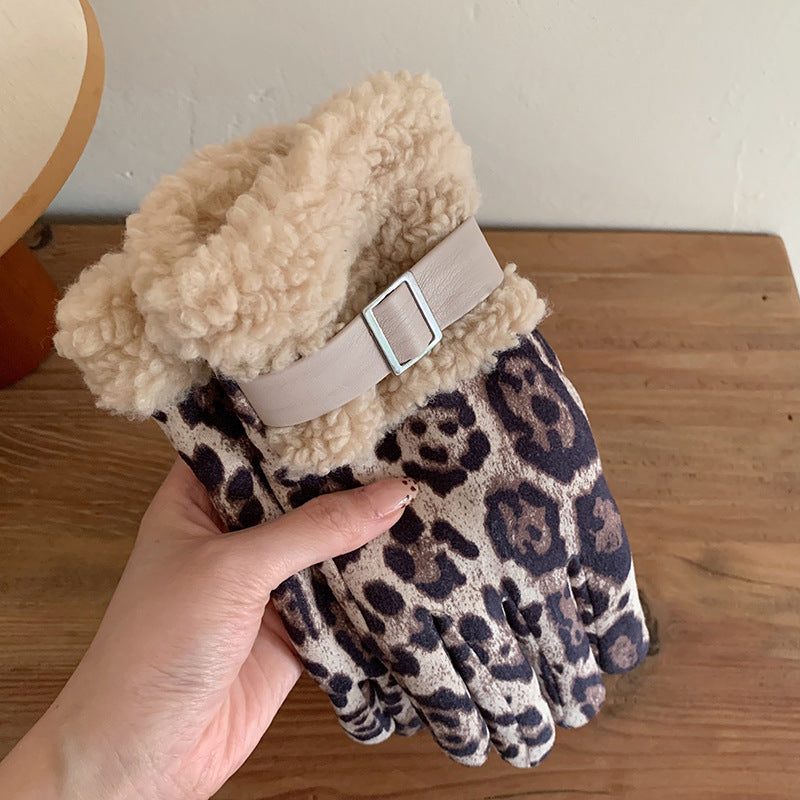 Leopard Print Faux Shearling Cuff Gloves - Beige