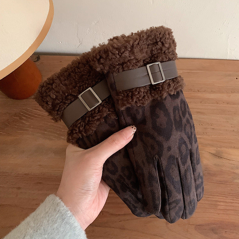 Leopard Print Faux Shearling Cuff Gloves - Brown