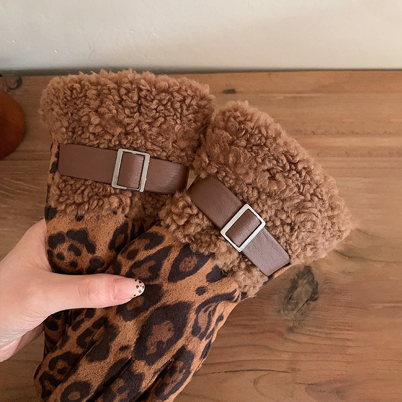 Leopard Print Faux Shearling Cuff Gloves - Camel