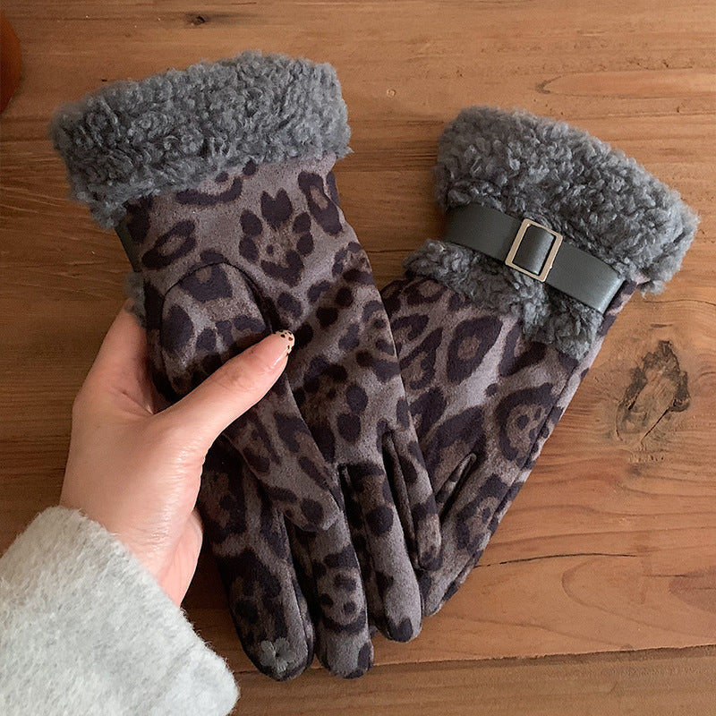 Leopard Print Faux Shearling Cuff Gloves - Grey