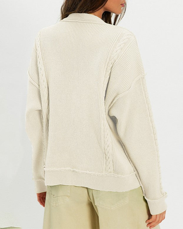 Double Breasted Cable Knit V Neck Cardigan - Beige - 1