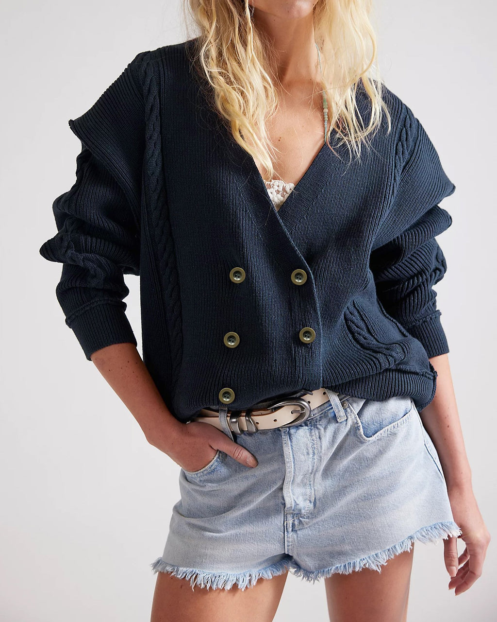 Double Breasted Cable Knit V Neck Cardigan - DarkBlue