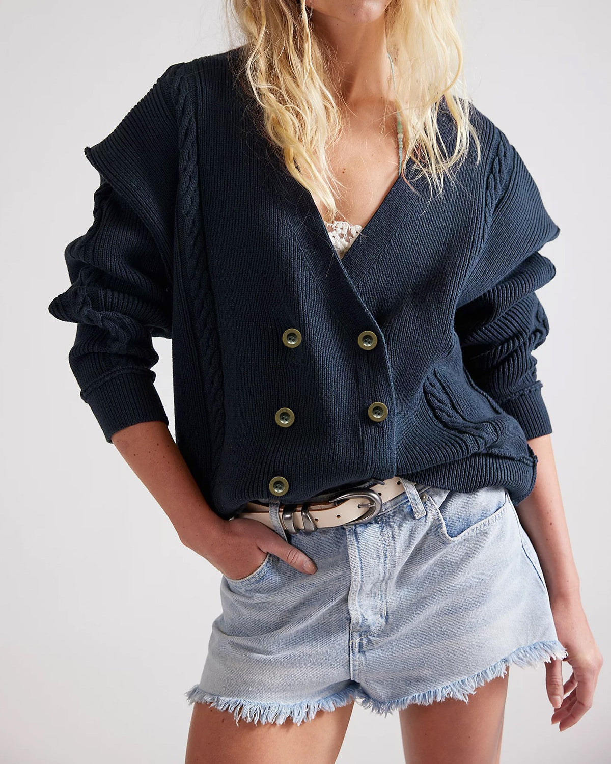 Double Breasted Cable Knit V Neck Cardigan - DarkBlue