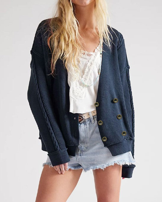 Double Breasted Cable Knit V Neck Cardigan - DarkBlue - 1