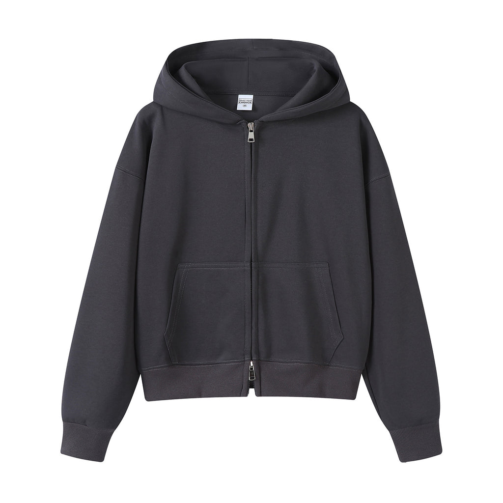 Cropped Zip Up Fleece Hooded Sweatshirt - Darkgrey