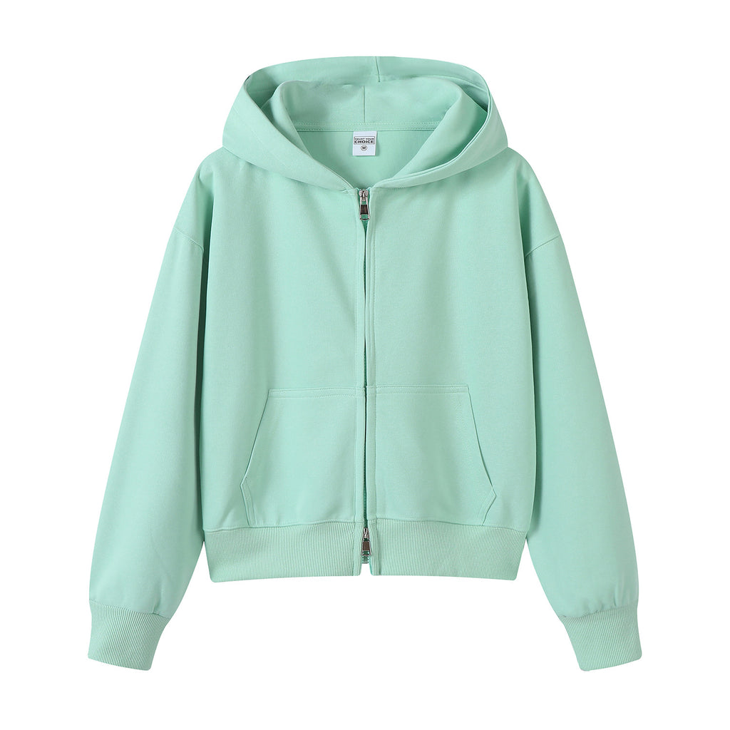 Cropped Zip Up Fleece Hooded Sweatshirt - Green