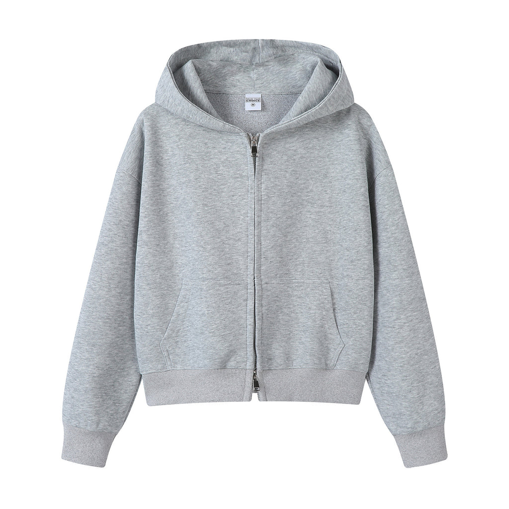 Cropped Zip Up Fleece Hooded Sweatshirt - Grey