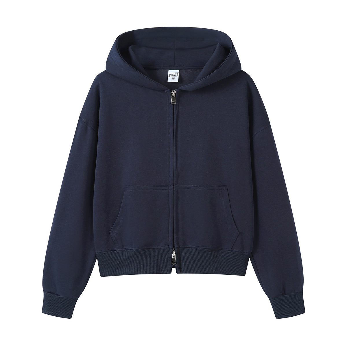 Cropped Zip Up Fleece Hooded Sweatshirt - Navyblue
