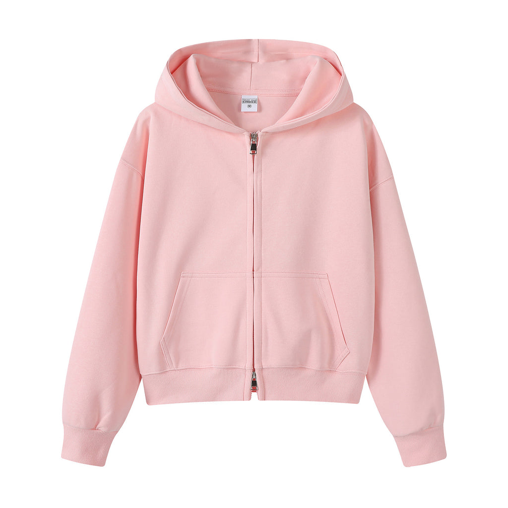 Cropped Zip Up Fleece Hooded Sweatshirt - Pink