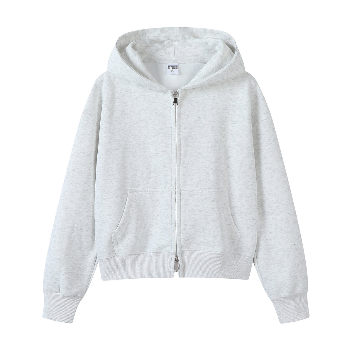 Cropped Zip Up Fleece Hooded Sweatshirt - Whitegrey