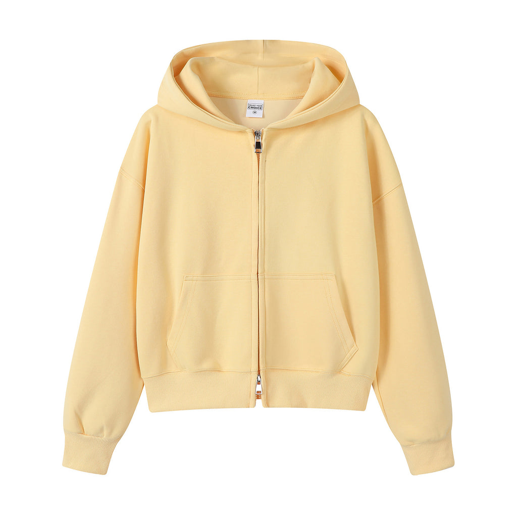 Cropped Zip Up Fleece Hooded Sweatshirt - Yellow