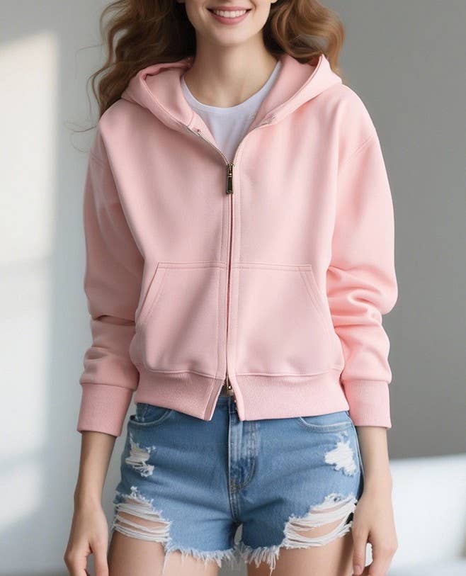Cropped Zip Up Fleece Hooded Sweatshirt