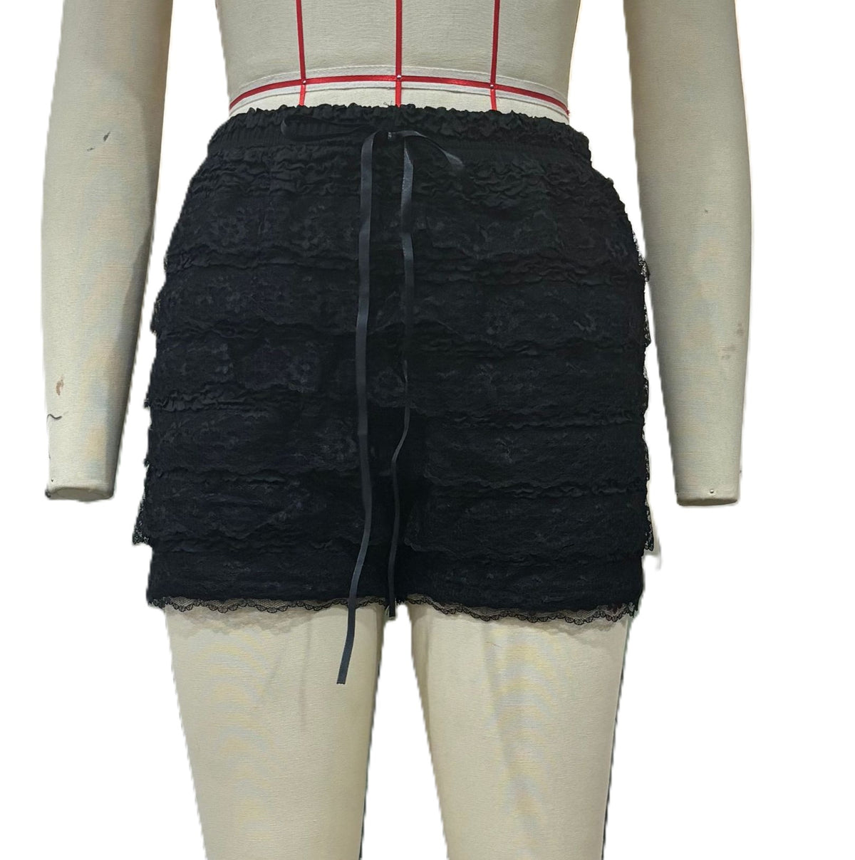 Lace Ruffle Drawstring Waist Shorts - Black