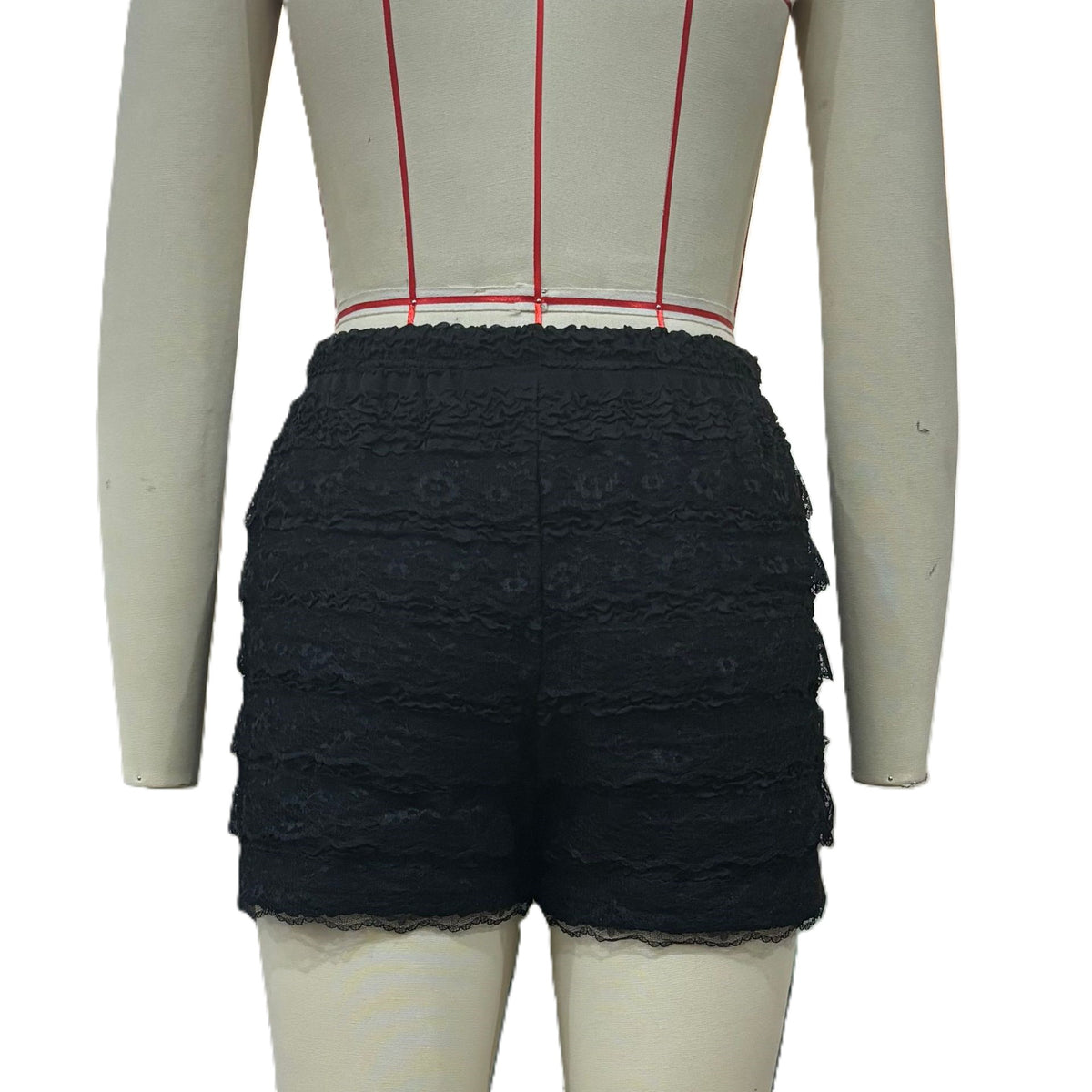 Lace Ruffle Drawstring Waist Shorts - Black - 1