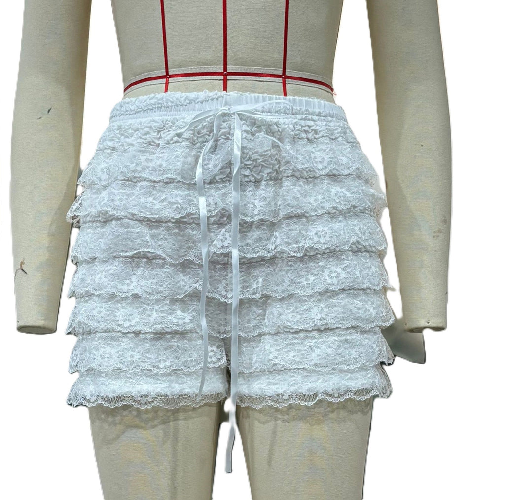 Lace Ruffle Drawstring Waist Shorts - White