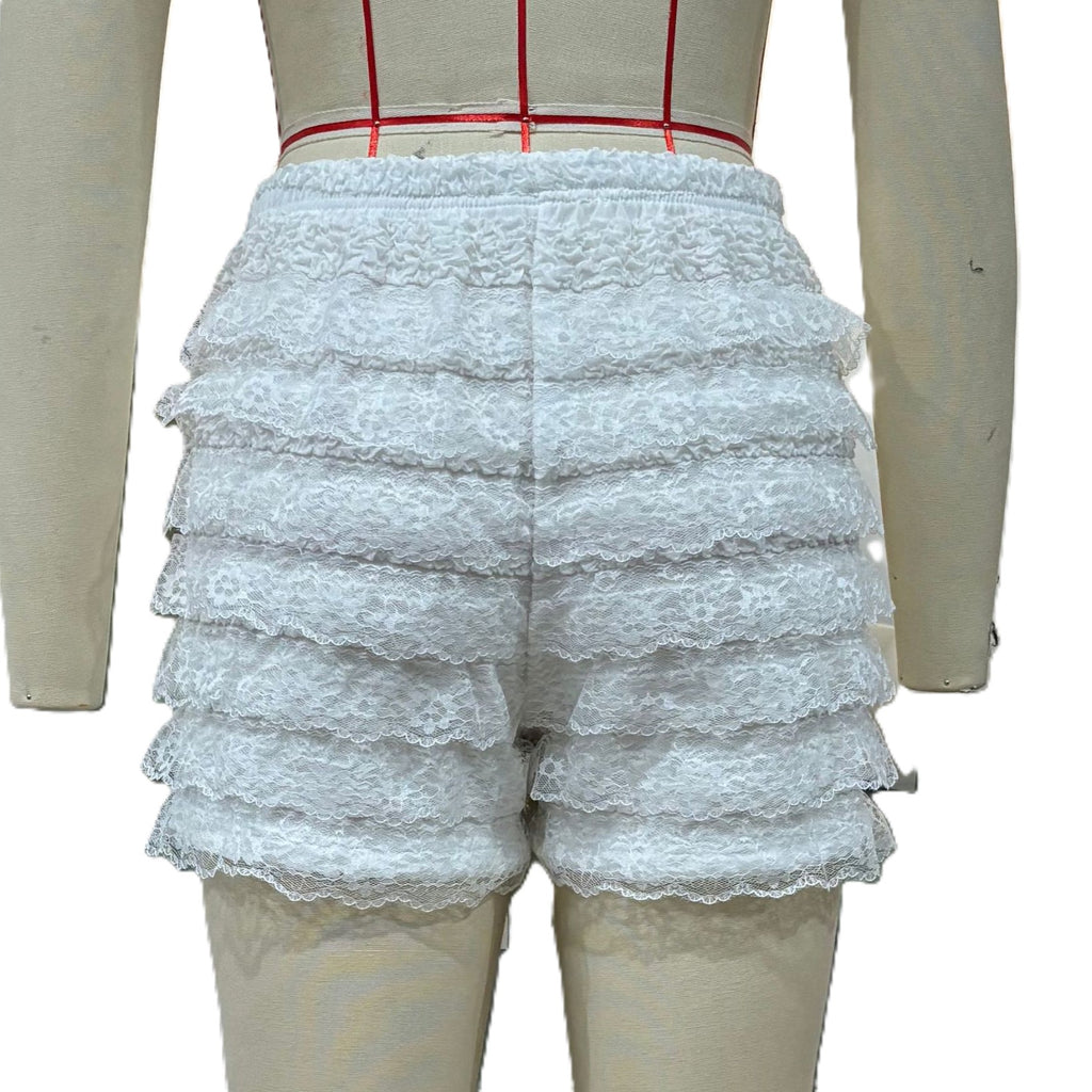 Lace Ruffle Drawstring Waist Shorts - White - 1