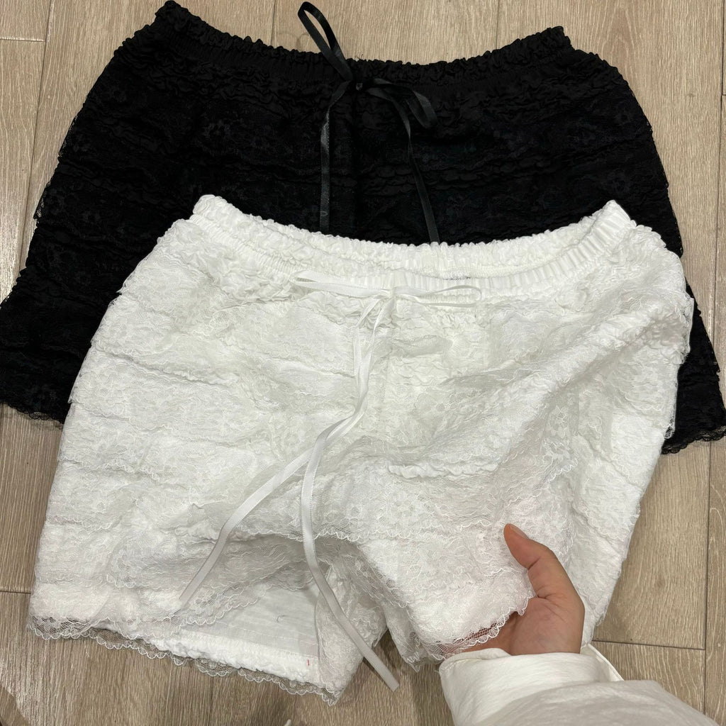 Lace Ruffle Drawstring Waist Shorts - White - 5