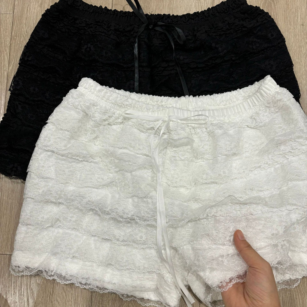 Lace Ruffle Drawstring Waist Shorts - White - 6