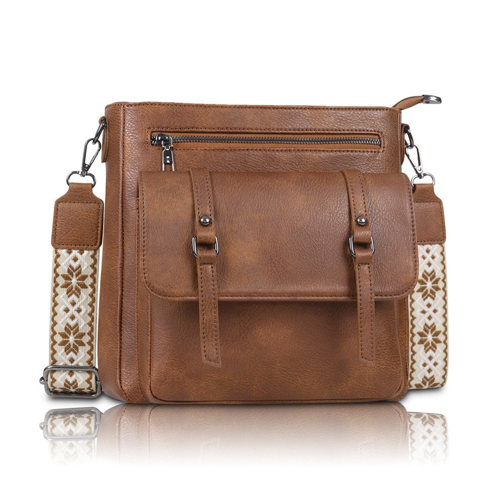 Western Faux Leather Crossbody Bag with Woven Strap