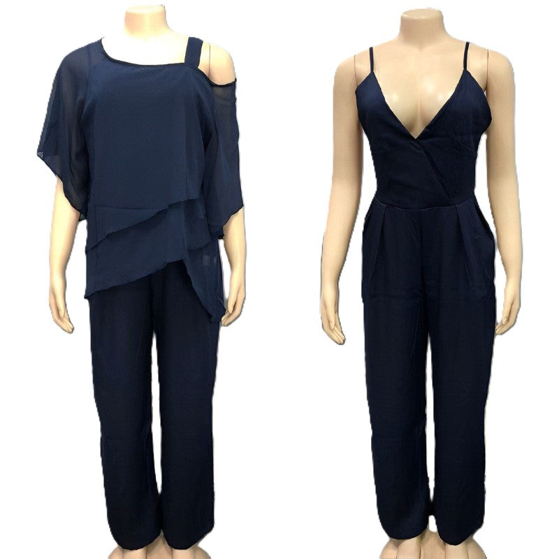 Layered Cold Shoulder Top And Pants Set - Navyblue