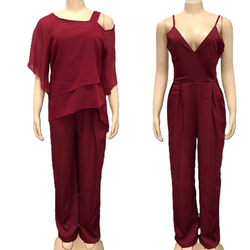 Layered Cold Shoulder Top And Pants Set - Winered