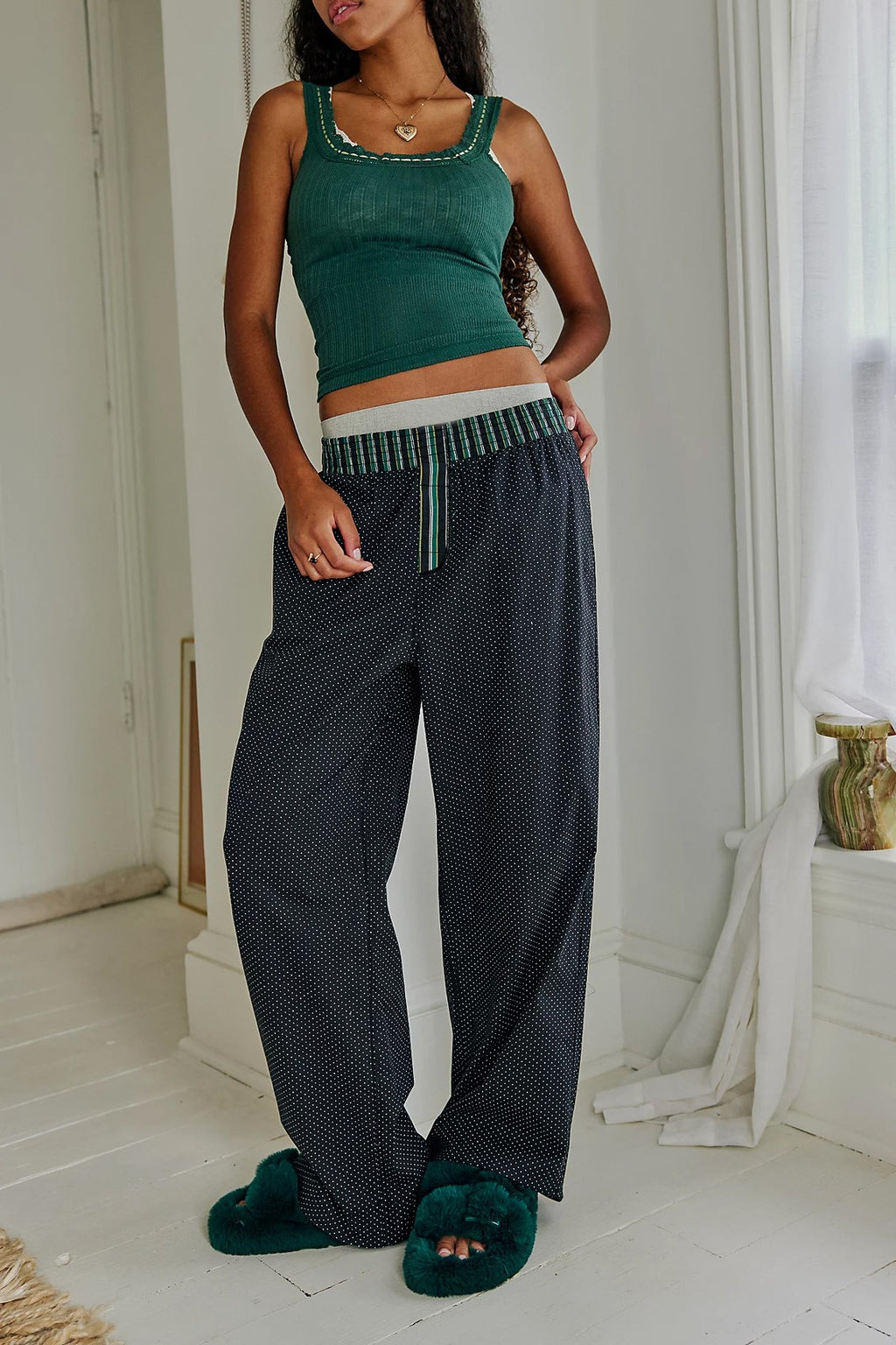 Contrast Waistband Striped Relaxed Lounge Pants - Black